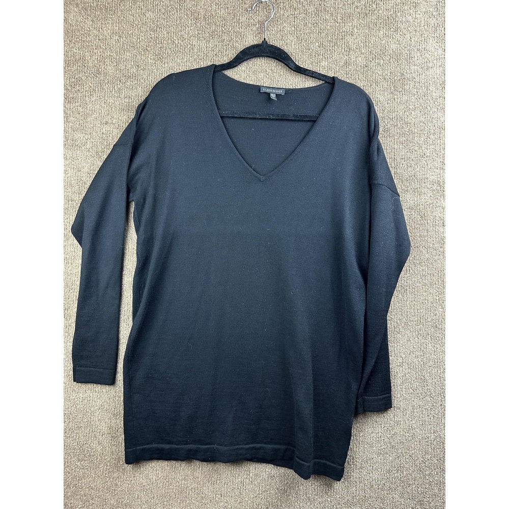 Eileen Fisher Sweater Womens M Black V-Neck Tunic 100% Merino Wool Lightweight